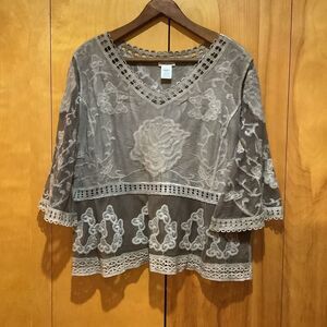 Ultra Pink Blouse Womens Size L Brown Lace Mesh & Crochet Trim Boho Artsy Hippie